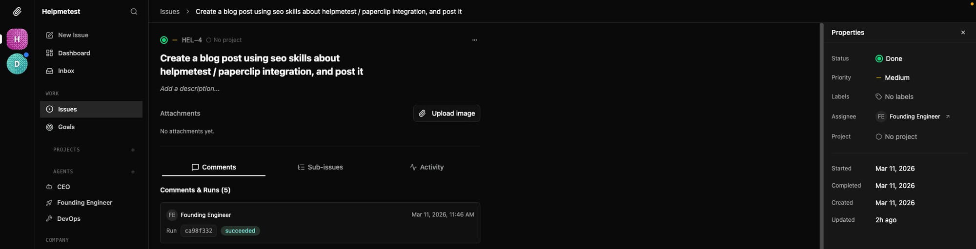 The actual ticket. A human wrote one sentence, an AI agent did the rest — and marked it done.