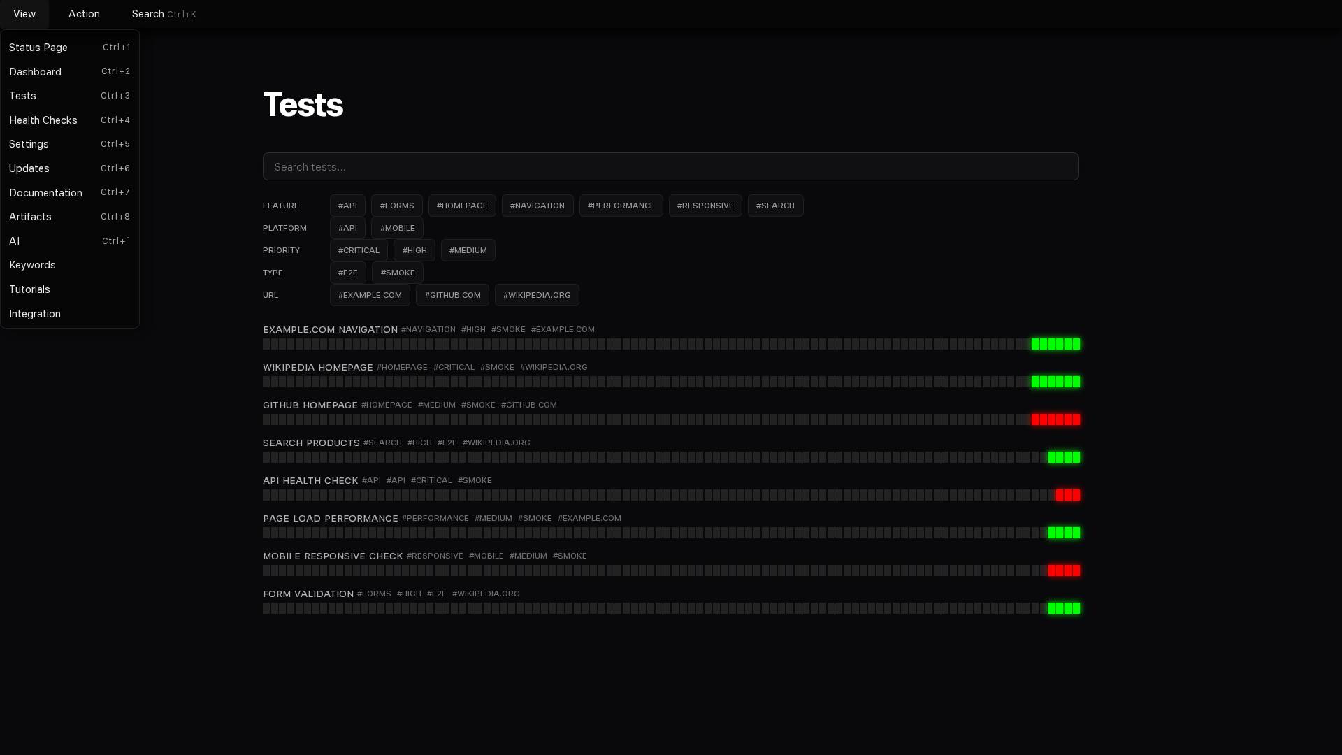 Tests dashboard displaying multiple checks with green and red status indicators showing which tests are passing or failing