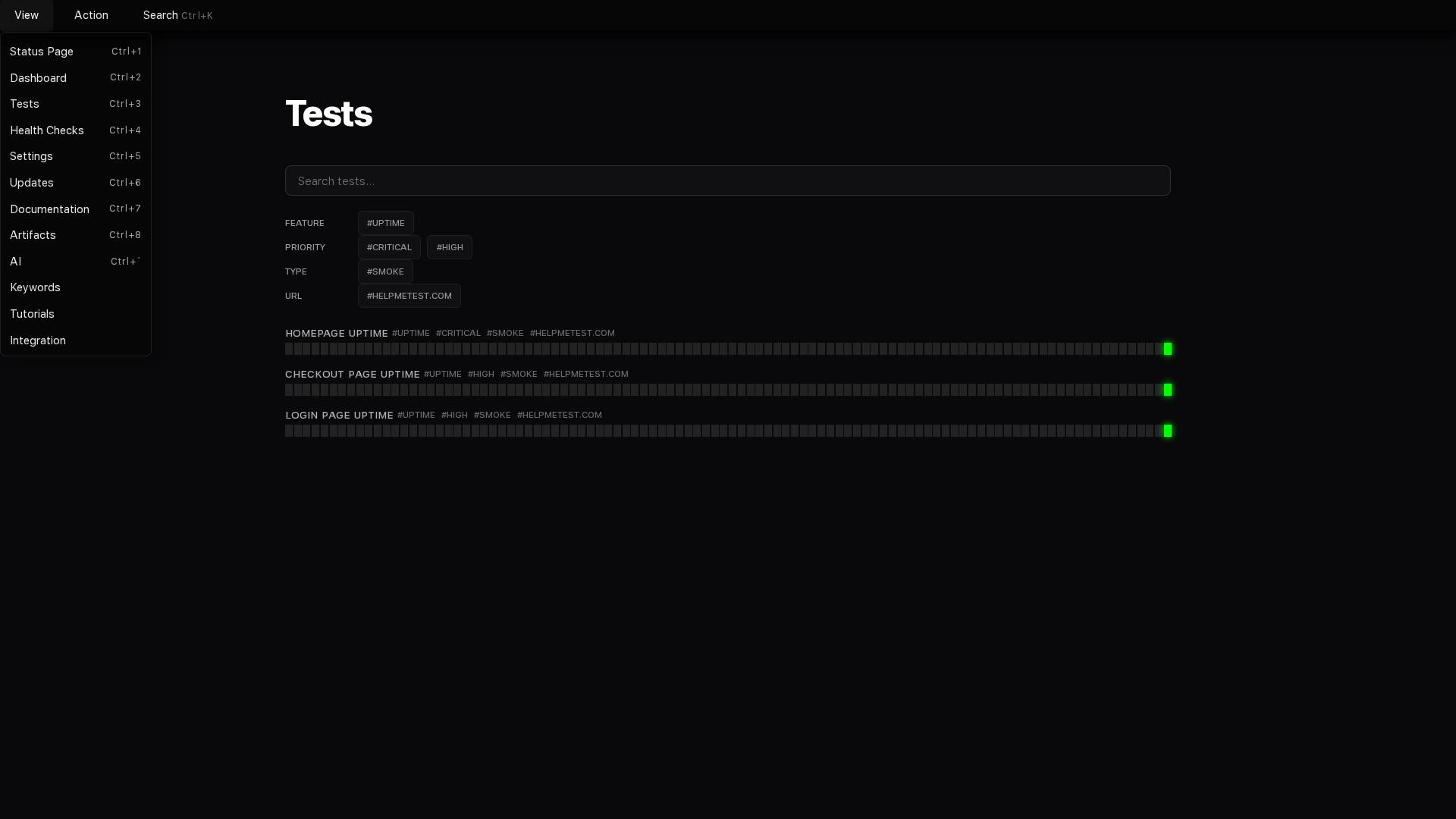 Tests dashboard showing three uptime checks with green status timelines indicating all checks are passing